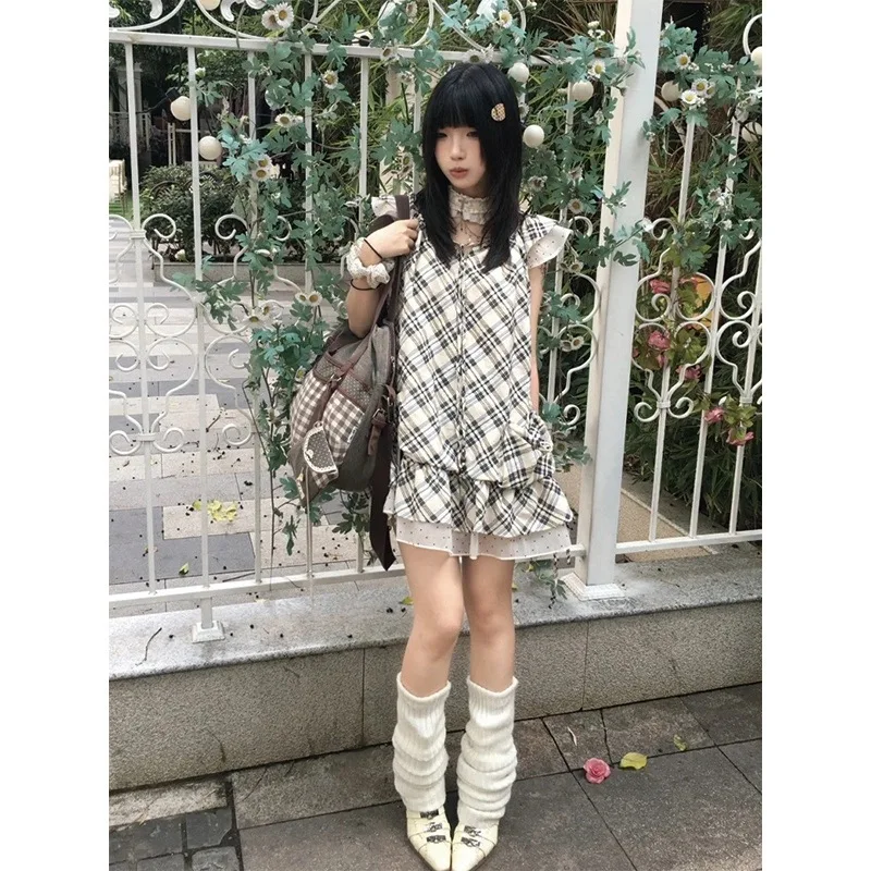 2000s Harajuku Kawaii Lolita Dress Y2k Patchwork Sweet Long Sleeve Short Party Dress Vintage Fake 2 Piece One Piece Dress Korean
