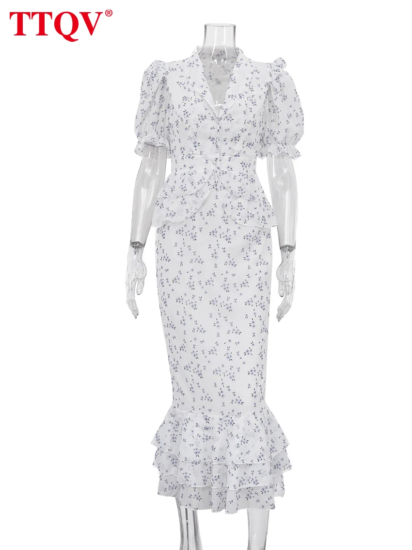 TTQV Fashion Slim Print Women Dress 2026 Summer Lapel Short Sleeve Long Dresses Elegant Classic Pleated Female Dress Streetwear