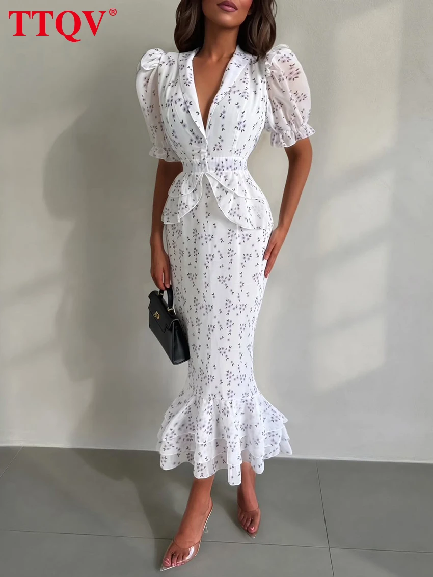 TTQV Fashion Slim Print Women Dress 2026 Summer Lapel Short Sleeve Long Dresses Elegant Classic Pleated Female Dress Streetwear