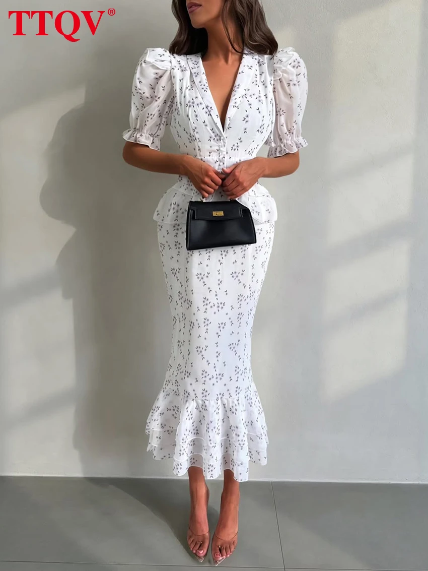TTQV Fashion Slim Print Women Dress 2026 Summer Lapel Short Sleeve Long Dresses Elegant Classic Pleated Female Dress Streetwear
