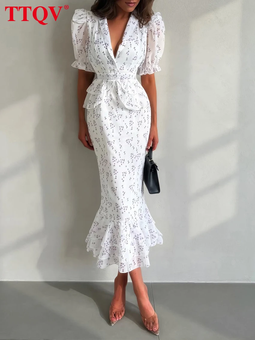 TTQV Fashion Slim Print Women Dress 2026 Summer Lapel Short Sleeve Long Dresses Elegant Classic Pleated Female Dress Streetwear