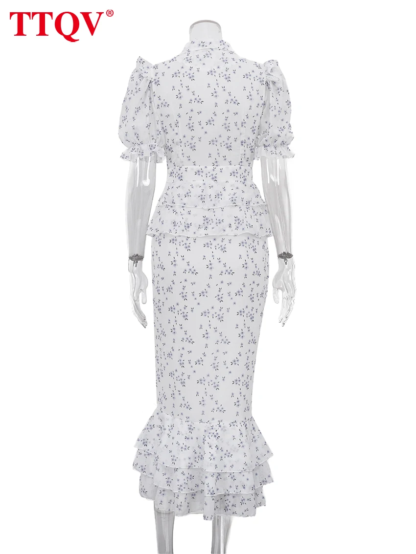 TTQV Fashion Slim Print Women Dress 2026 Summer Lapel Short Sleeve Long Dresses Elegant Classic Pleated Female Dress Streetwear