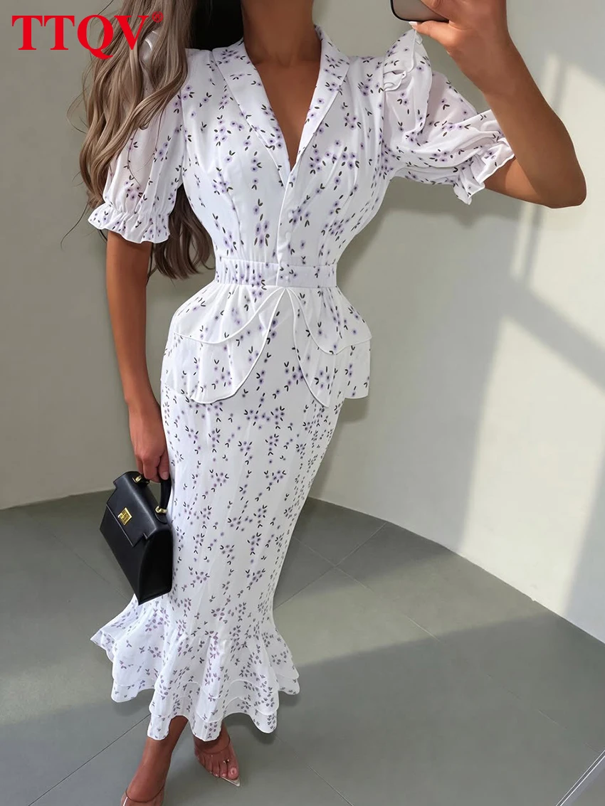 TTQV Fashion Slim Print Women Dress 2026 Summer Lapel Short Sleeve Long Dresses Elegant Classic Pleated Female Dress Streetwear