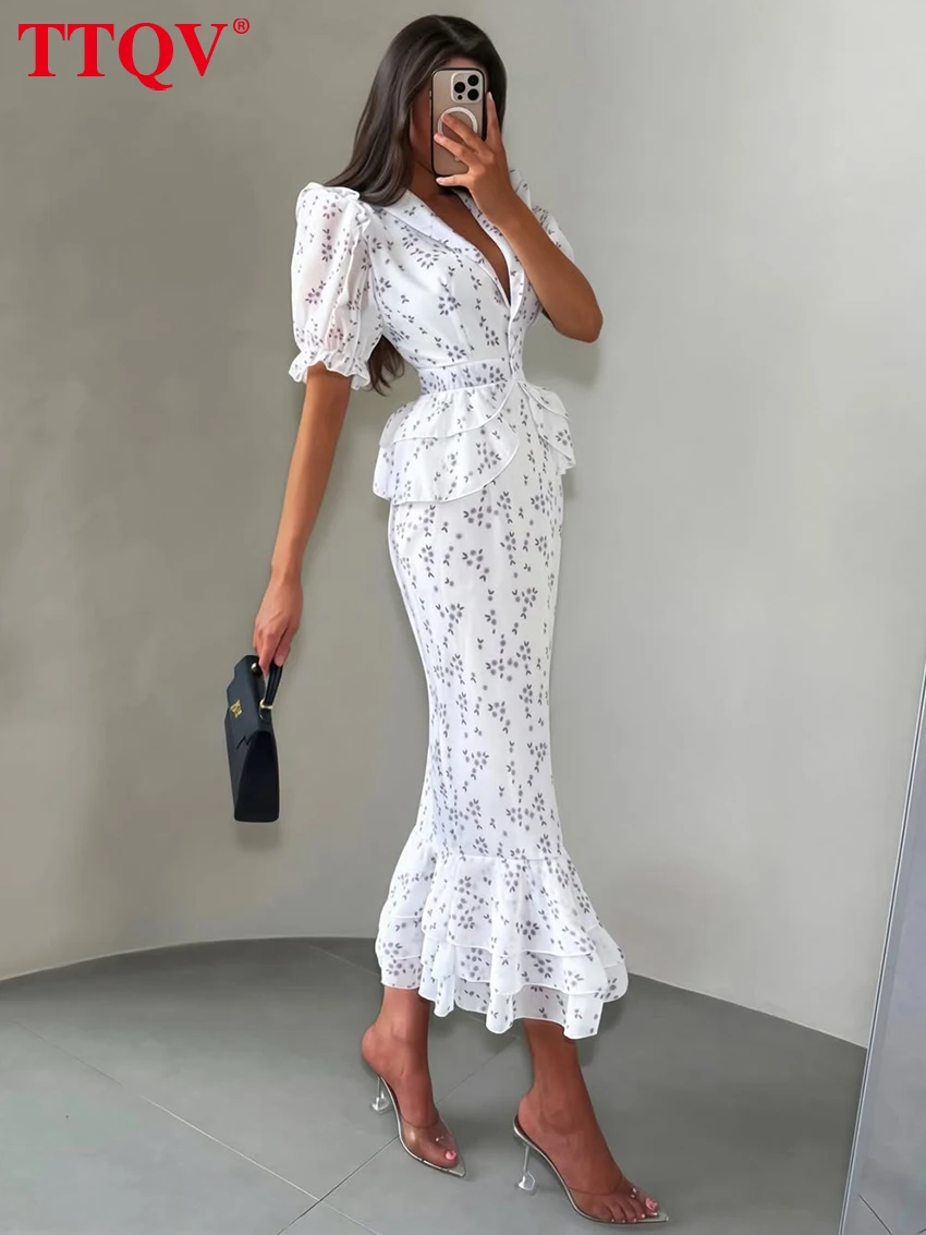 TTQV Fashion Slim Print Women Dress 2026 Summer Lapel Short Sleeve Long Dresses Elegant Classic Pleated Female Dress Streetwear
