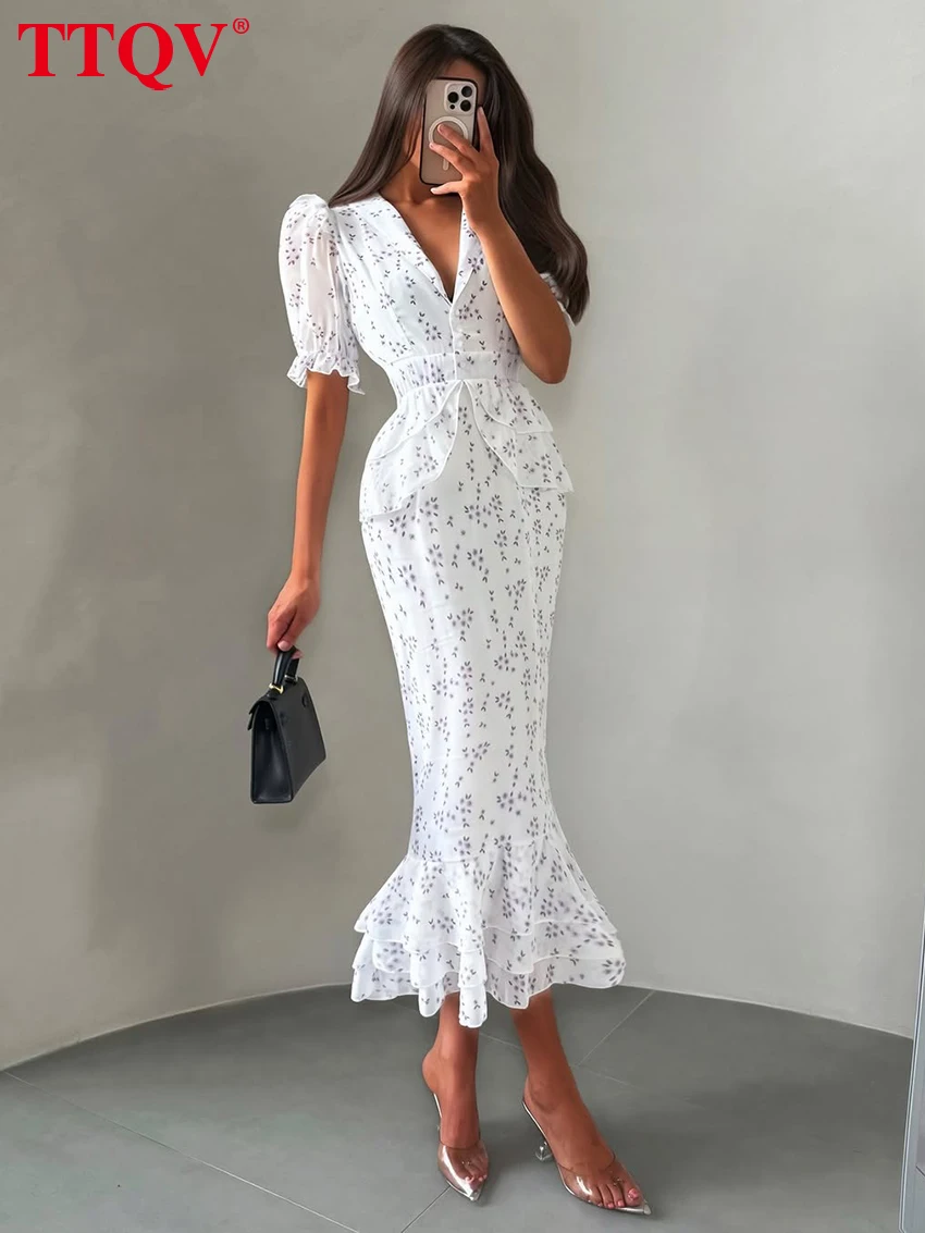 TTQV Fashion Slim Print Women Dress 2026 Summer Lapel Short Sleeve Long Dresses Elegant Classic Pleated Female Dress Streetwear