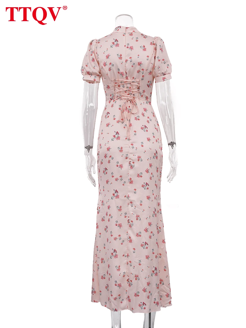 TTQV Fashion Slim Print Women's Dress 2026 Summer Stand Collar Short Sleeve Maxi Dresses Elegant Classic Female Dress Streetwear