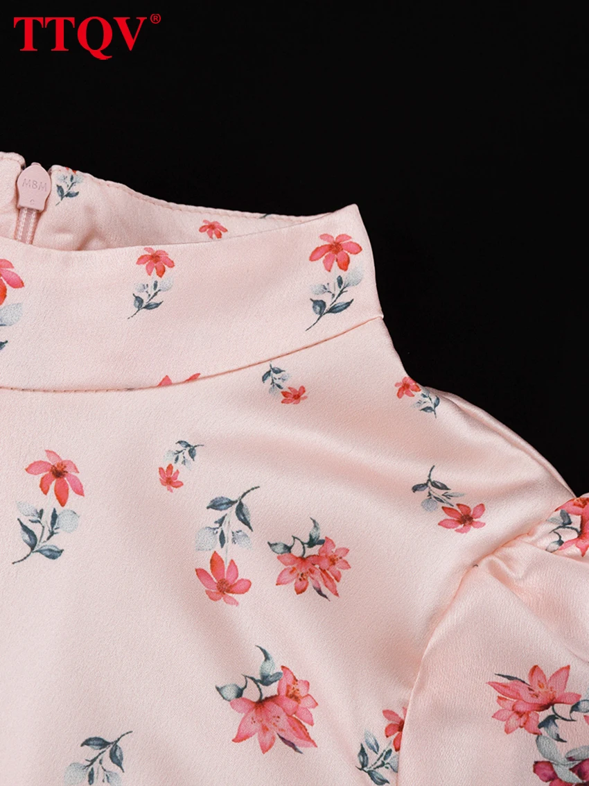 TTQV Fashion Slim Print Women's Dress 2026 Summer Stand Collar Short Sleeve Maxi Dresses Elegant Classic Female Dress Streetwear