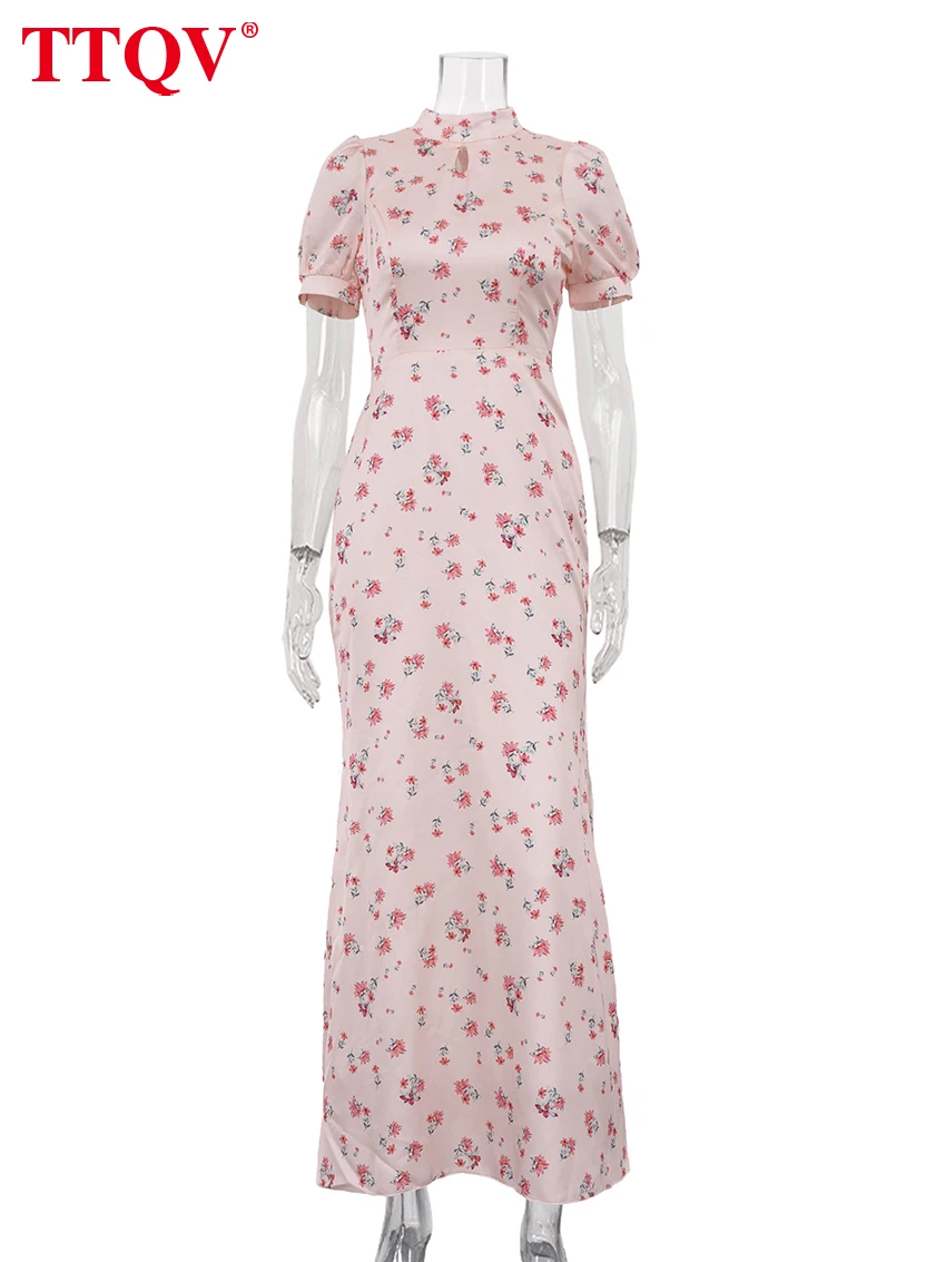 TTQV Fashion Slim Print Women's Dress 2026 Summer Stand Collar Short Sleeve Maxi Dresses Elegant Classic Female Dress Streetwear