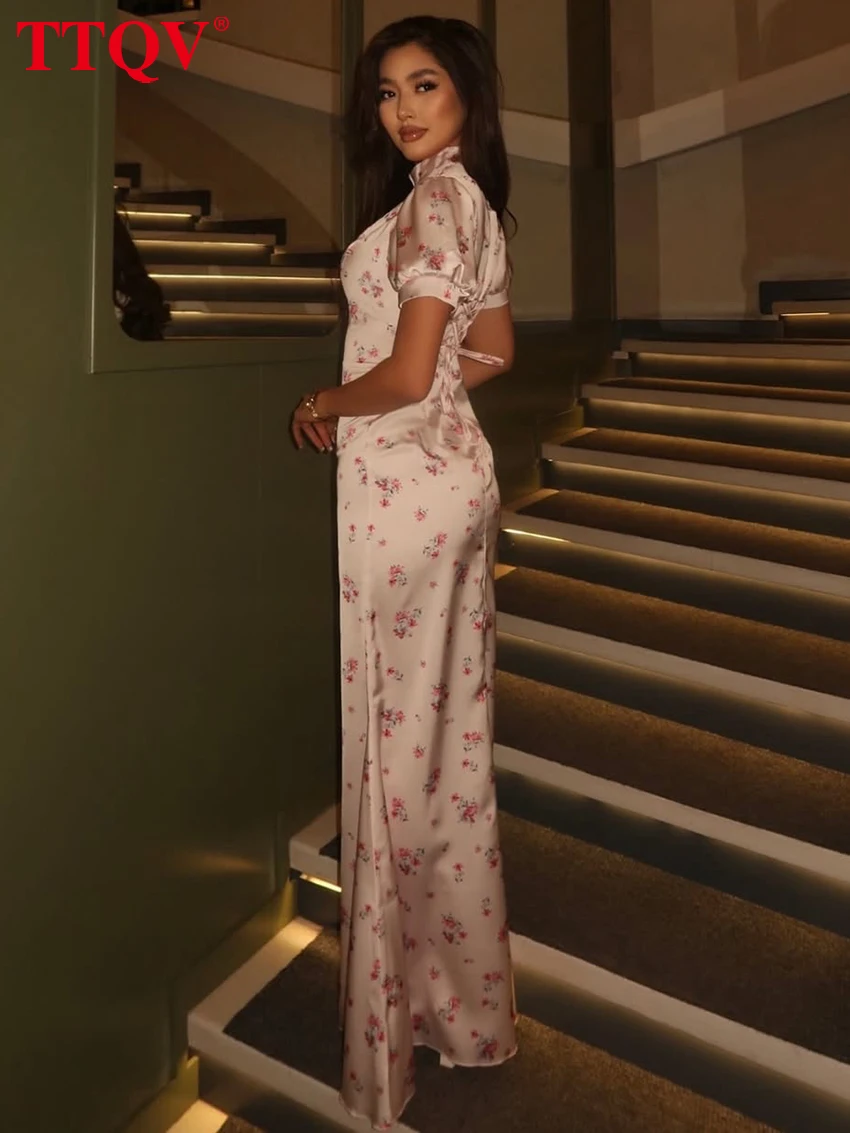 TTQV Fashion Slim Print Women's Dress 2026 Summer Stand Collar Short Sleeve Maxi Dresses Elegant Classic Female Dress Streetwear