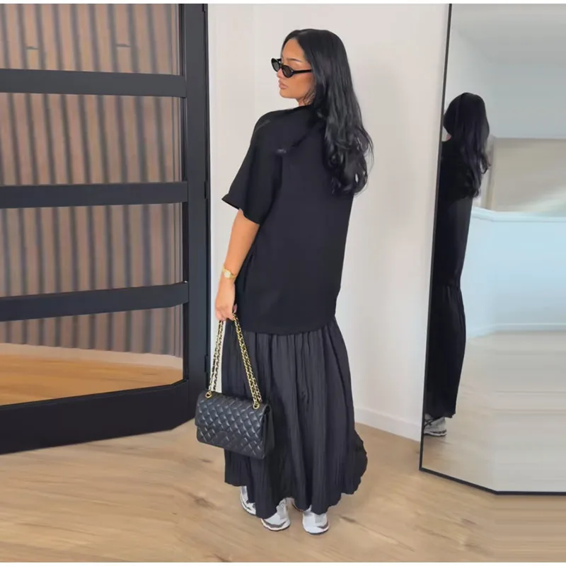 Loose Patchwork Women's Pleated Dresses Fashion Short Sleeve O-neck Long Robes 2026 Summer New Female Elegant Casual Dress
