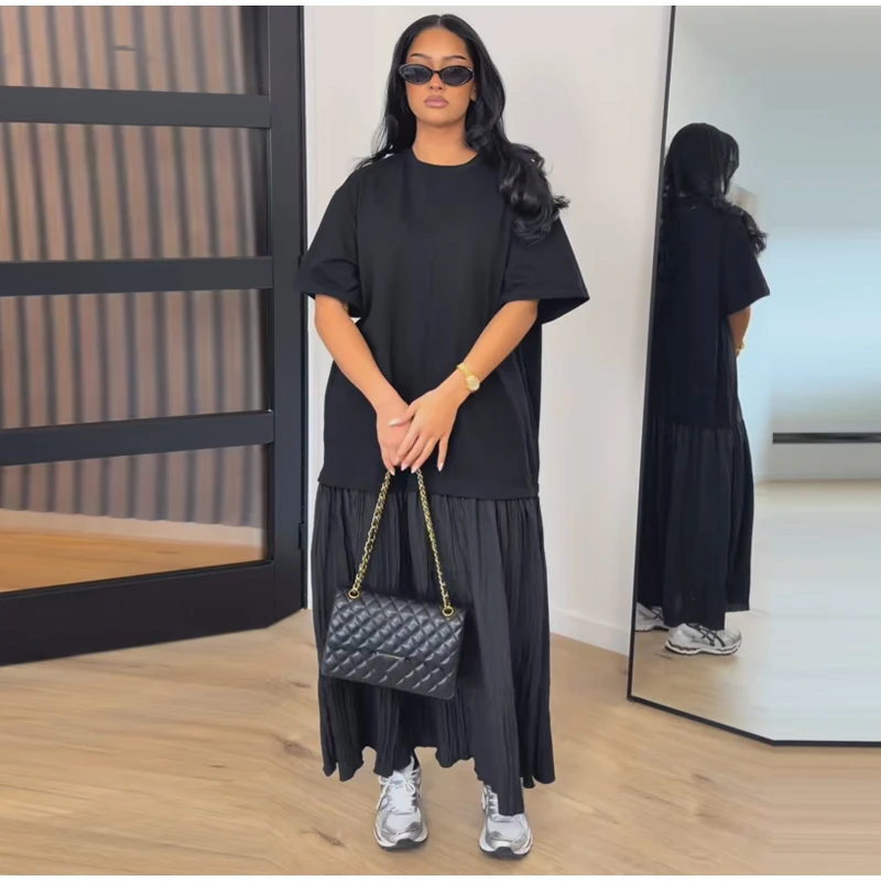 Loose Patchwork Women's Pleated Dresses Fashion Short Sleeve O-neck Long Robes 2026 Summer New Female Elegant Casual Dress