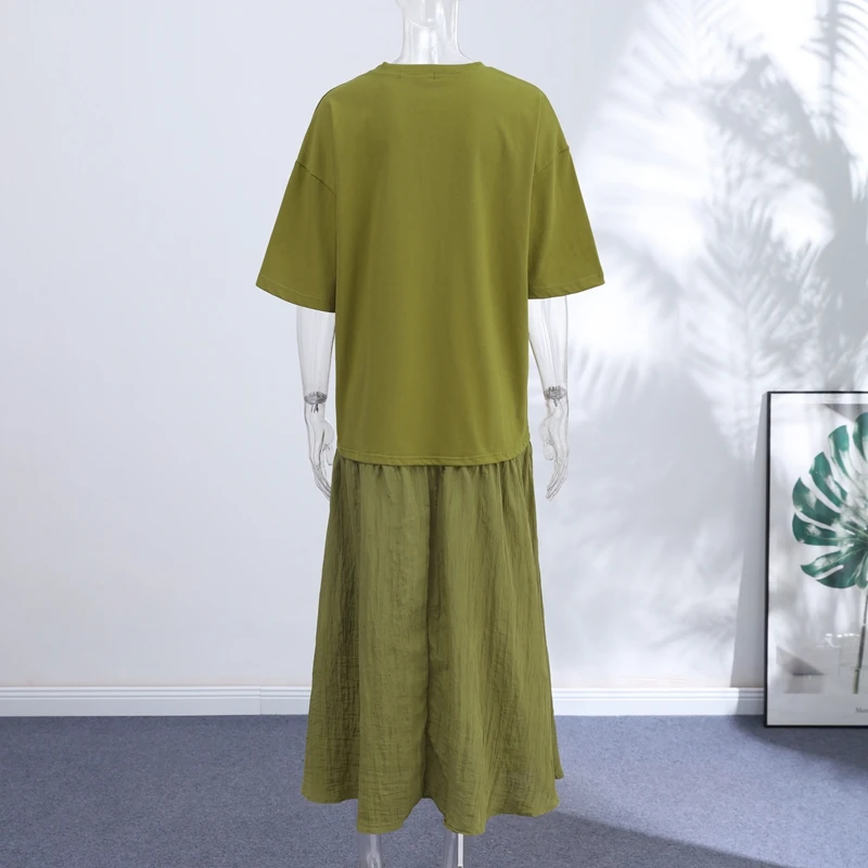 Loose Patchwork Women's Pleated Dresses Fashion Short Sleeve O-neck Long Robes 2026 Summer New Female Elegant Casual Dress