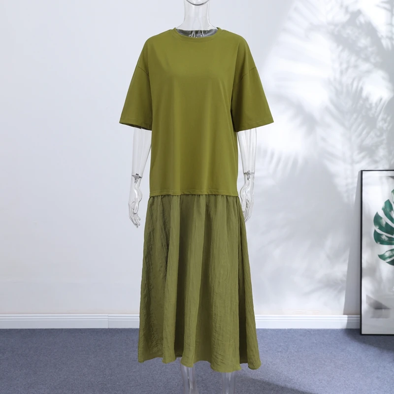 Loose Patchwork Women's Pleated Dresses Fashion Short Sleeve O-neck Long Robes 2026 Summer New Female Elegant Casual Dress