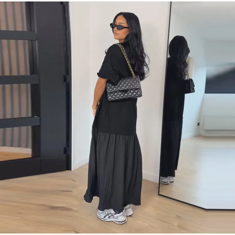 Loose Patchwork Women's Pleated Dresses Fashion Short Sleeve O-neck Long Robes 2026 Summer New Female Elegant Casual Dress