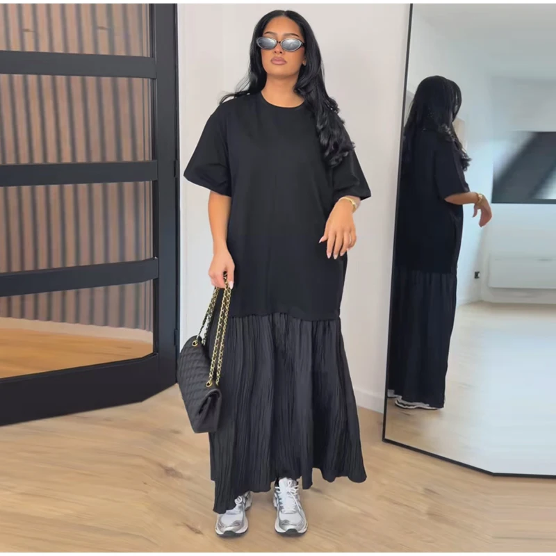 Loose Patchwork Women's Pleated Dresses Fashion Short Sleeve O-neck Long Robes 2026 Summer New Female Elegant Casual Dress
