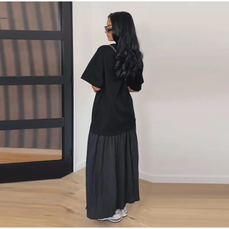 Loose Patchwork Women's Pleated Dresses Fashion Short Sleeve O-neck Long Robes 2026 Summer New Female Elegant Casual Dress
