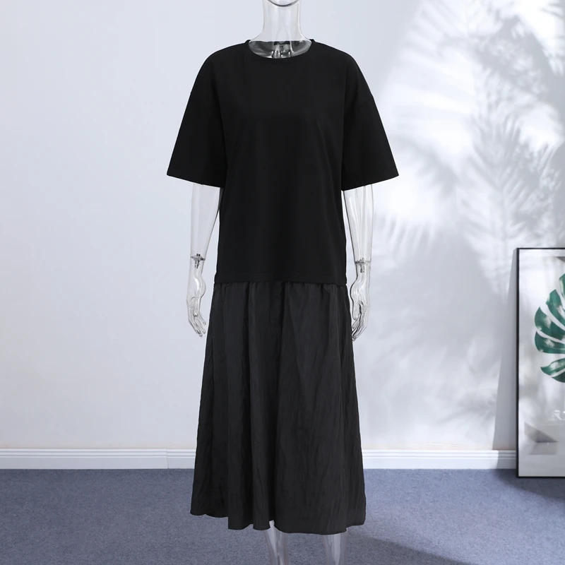 Loose Patchwork Women's Pleated Dresses Fashion Short Sleeve O-neck Long Robes 2026 Summer New Female Elegant Casual Dress
