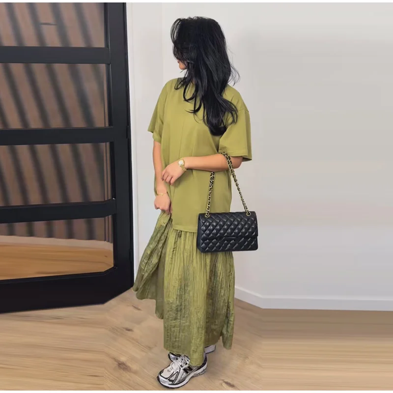 Loose Patchwork Women's Pleated Dresses Fashion Short Sleeve O-neck Long Robes 2026 Summer New Female Elegant Casual Dress