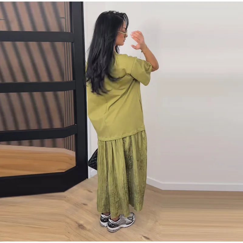 Loose Patchwork Women's Pleated Dresses Fashion Short Sleeve O-neck Long Robes 2026 Summer New Female Elegant Casual Dress