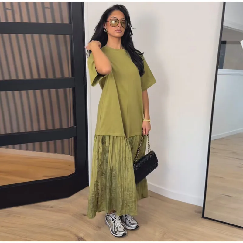 Loose Patchwork Women's Pleated Dresses Fashion Short Sleeve O-neck Long Robes 2026 Summer New Female Elegant Casual Dress