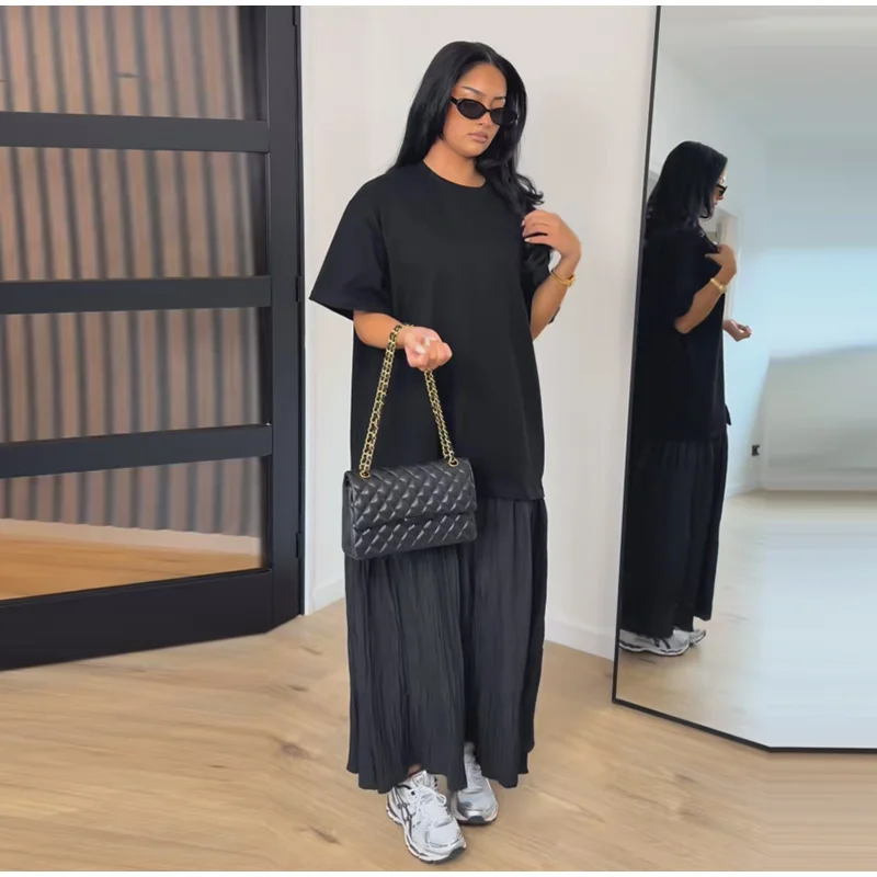 Loose Patchwork Women's Pleated Dresses Fashion Short Sleeve O-neck Long Robes 2026 Summer New Female Elegant Casual Dress
