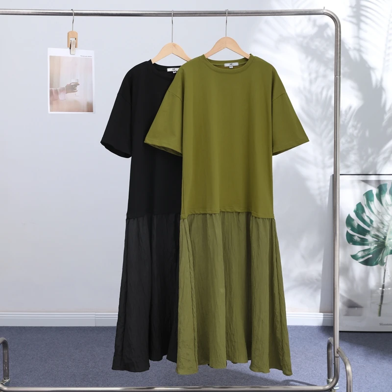 Loose Patchwork Women's Pleated Dresses Fashion Short Sleeve O-neck Long Robes 2026 Summer New Female Elegant Casual Dress