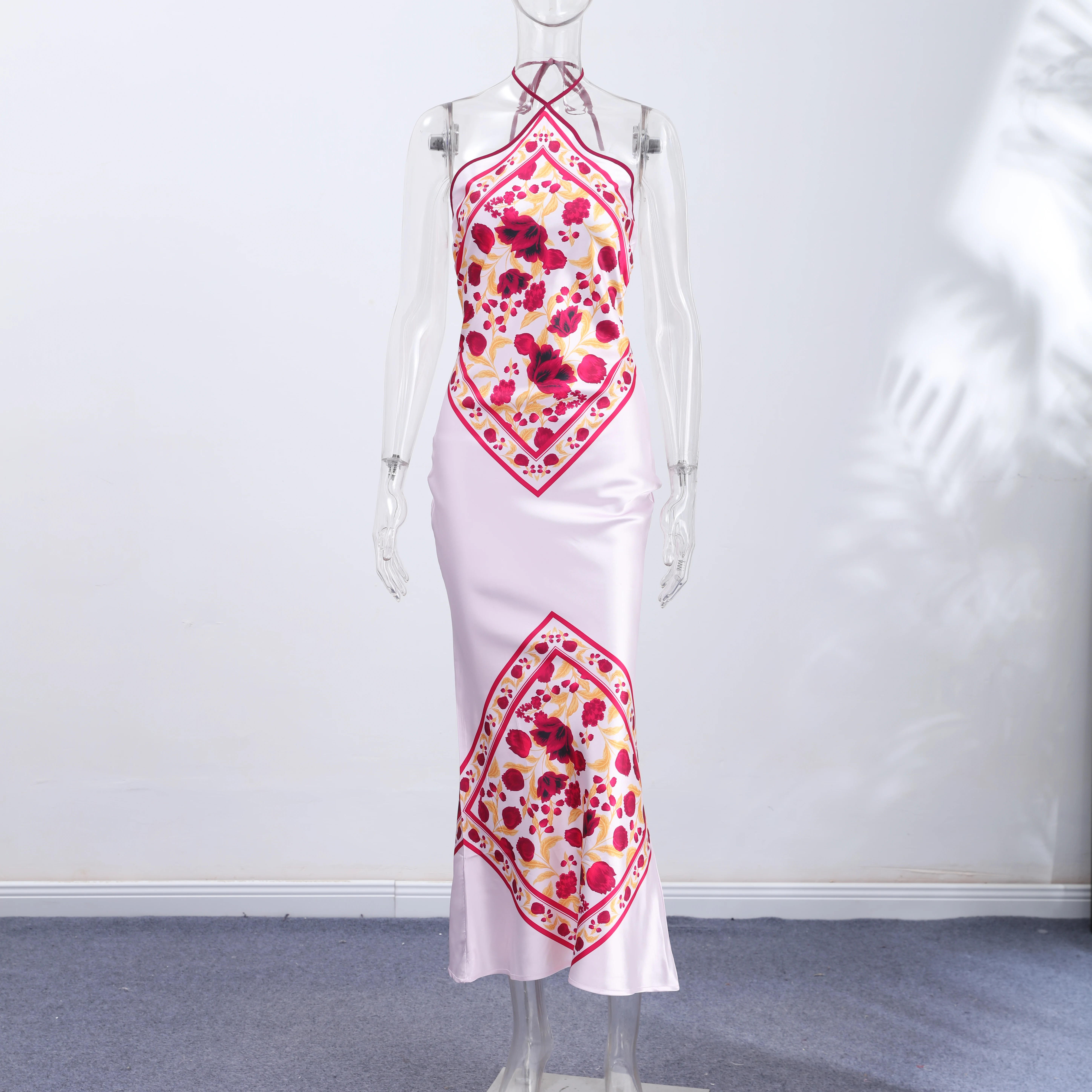 Women's Satin Bandana Print Halter Neck Maxi Dress Backless Bodycon Hot Summer Evening Party Cocktail Club Long Dress