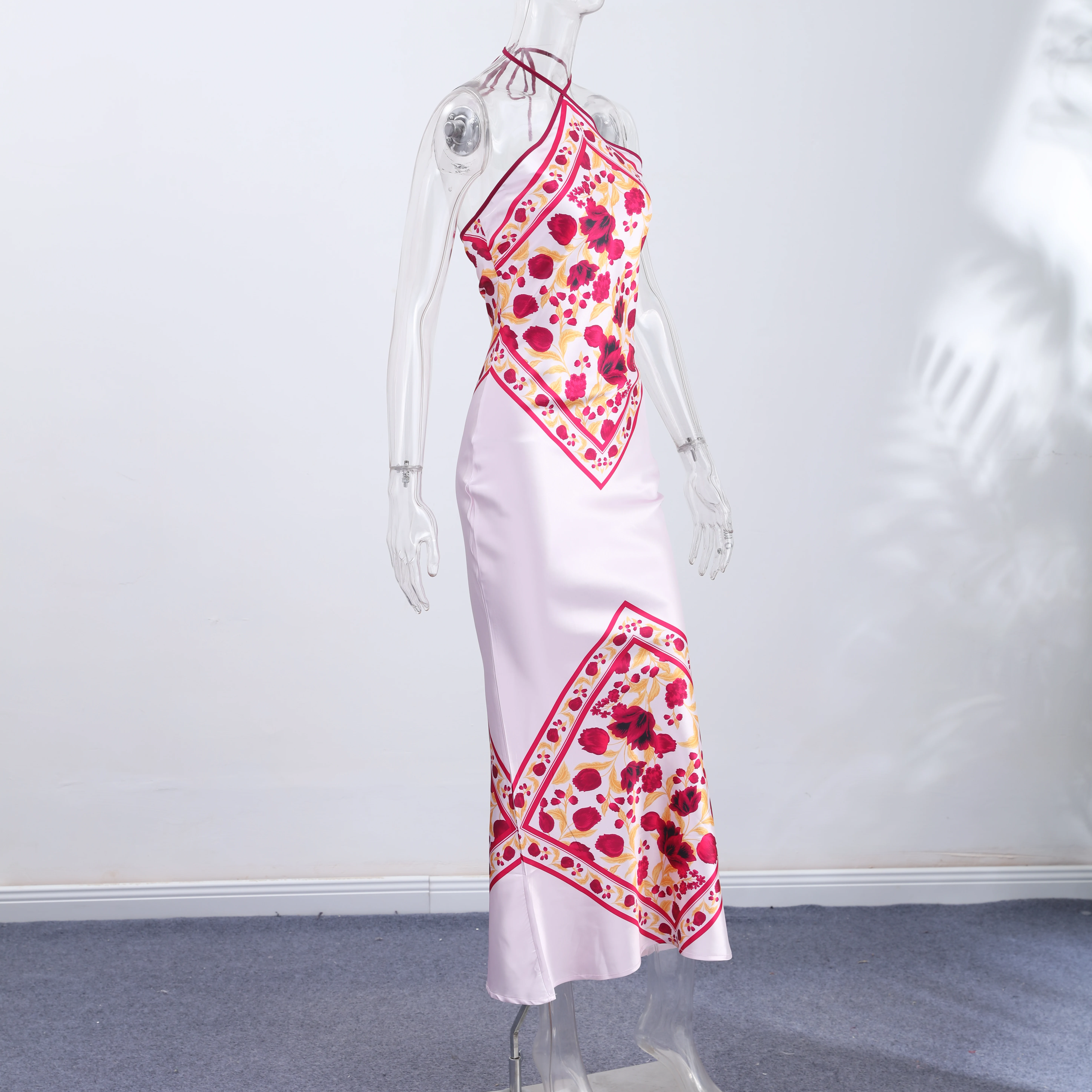 Women's Satin Bandana Print Halter Neck Maxi Dress Backless Bodycon Hot Summer Evening Party Cocktail Club Long Dress