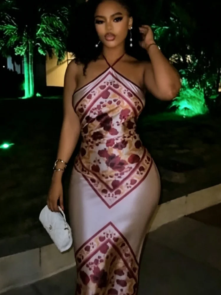 Women's Satin Bandana Print Halter Neck Maxi Dress Backless Bodycon Hot Summer Evening Party Cocktail Club Long Dress