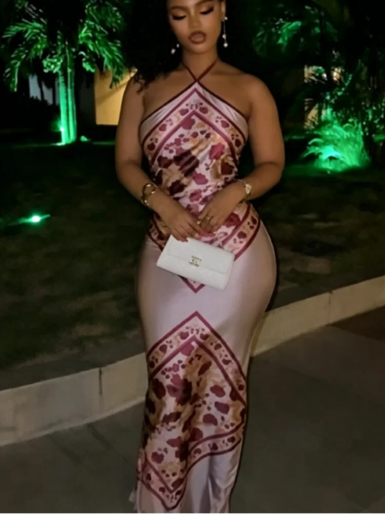 Women's Satin Bandana Print Halter Neck Maxi Dress Backless Bodycon Hot Summer Evening Party Cocktail Club Long Dress