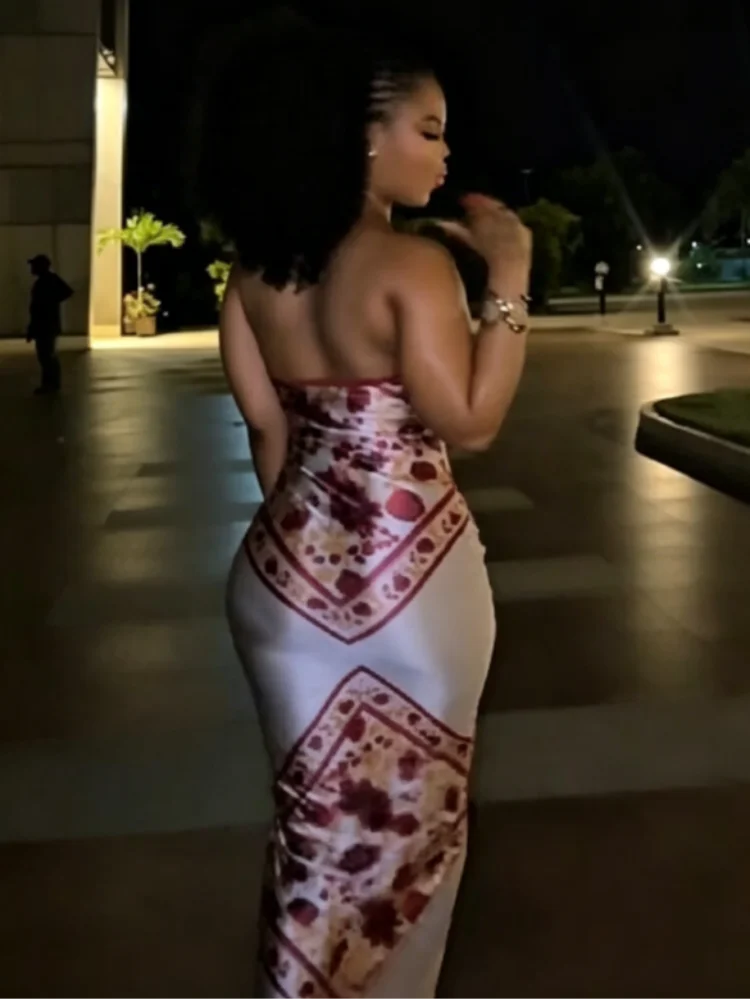Women's Satin Bandana Print Halter Neck Maxi Dress Backless Bodycon Hot Summer Evening Party Cocktail Club Long Dress