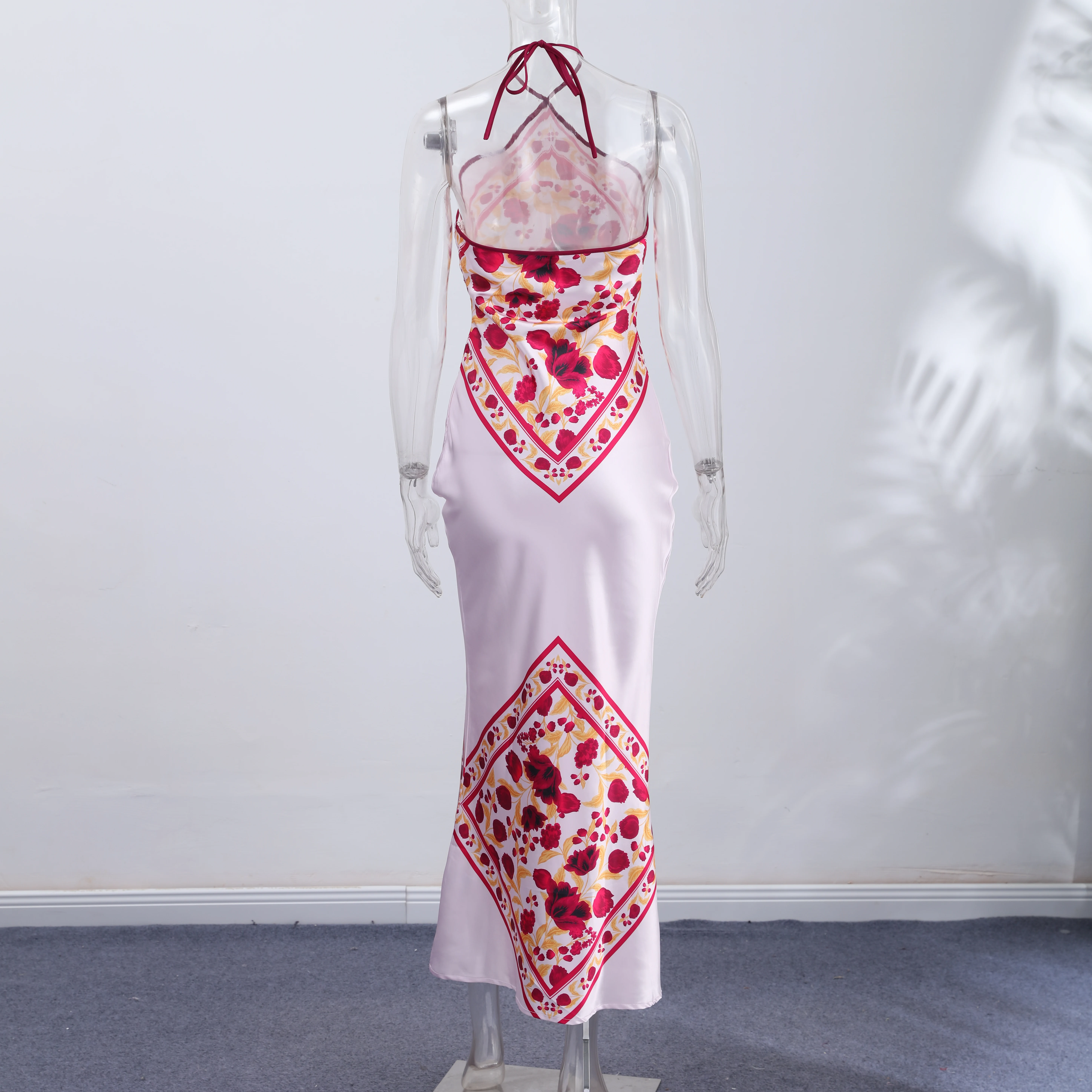 Women's Satin Bandana Print Halter Neck Maxi Dress Backless Bodycon Hot Summer Evening Party Cocktail Club Long Dress
