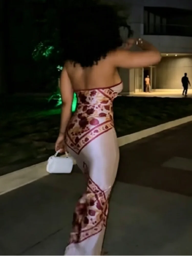 Women's Satin Bandana Print Halter Neck Maxi Dress Backless Bodycon Hot Summer Evening Party Cocktail Club Long Dress
