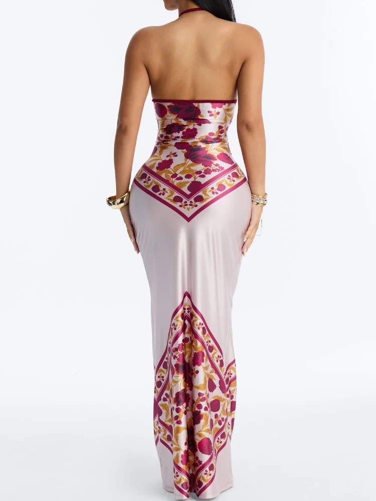 Women's Satin Bandana Print Halter Neck Maxi Dress Backless Bodycon Hot Summer Evening Party Cocktail Club Long Dress