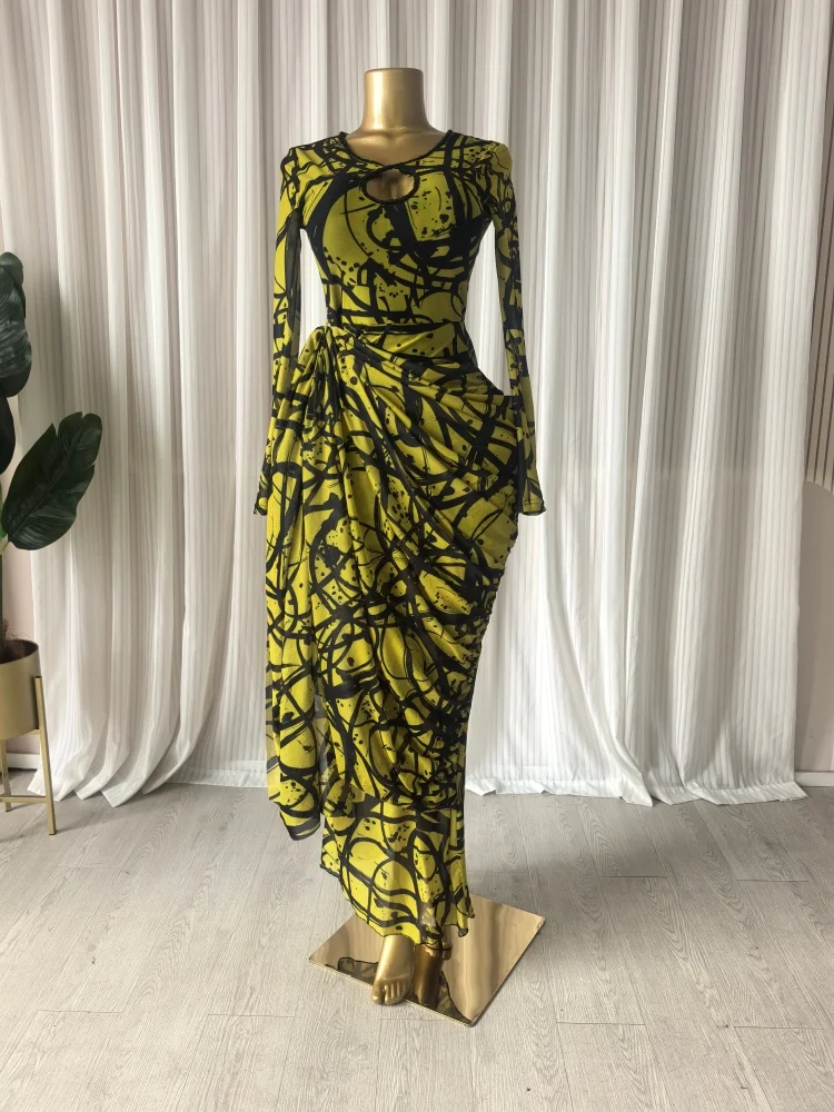 CM.YAYA Women Tie Dye Print Ribbon Ruched Long Sleeve Bodycon Maxi Long Dress 2026 Sexy Birthday Party Vacation Trendy Dresses