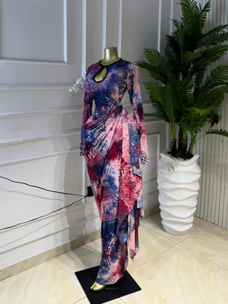 CM.YAYA Women Tie Dye Print Ribbon Ruched Long Sleeve Bodycon Maxi Long Dress 2026 Sexy Birthday Party Vacation Trendy Dresses