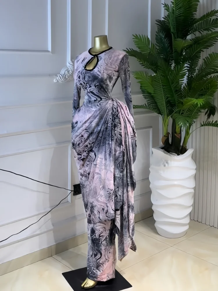 CM.YAYA Women Tie Dye Print Ribbon Ruched Long Sleeve Bodycon Maxi Long Dress 2026 Sexy Birthday Party Vacation Trendy Dresses