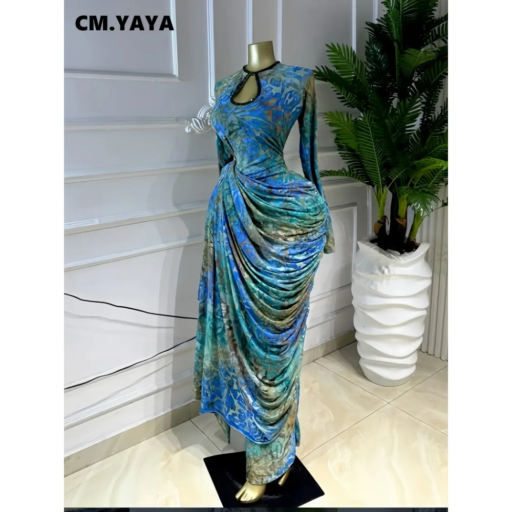 CM.YAYA Women Tie Dye Print Ribbon Ruched Long Sleeve Bodycon Maxi Long Dress 2026 Sexy Birthday Party Vacation Trendy Dresses