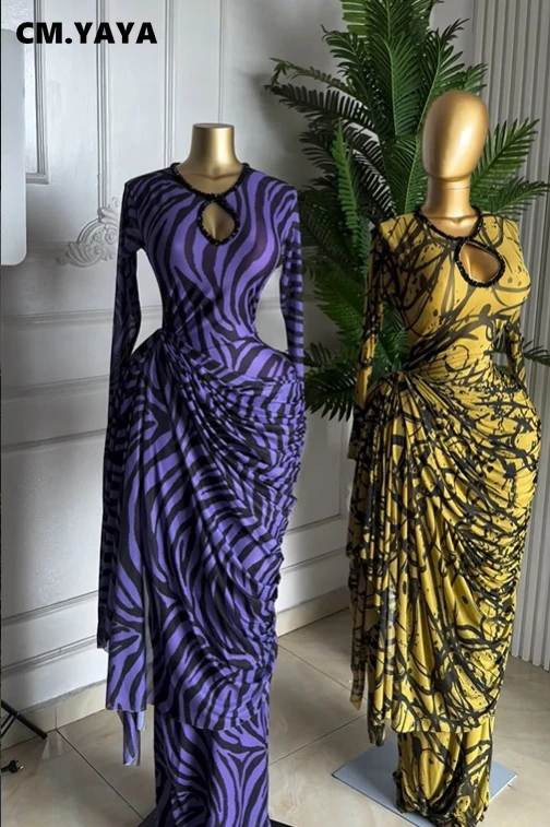 CM.YAYA Women Tie Dye Print Ribbon Ruched Long Sleeve Bodycon Maxi Long Dress 2026 Sexy Birthday Party Vacation Trendy Dresses