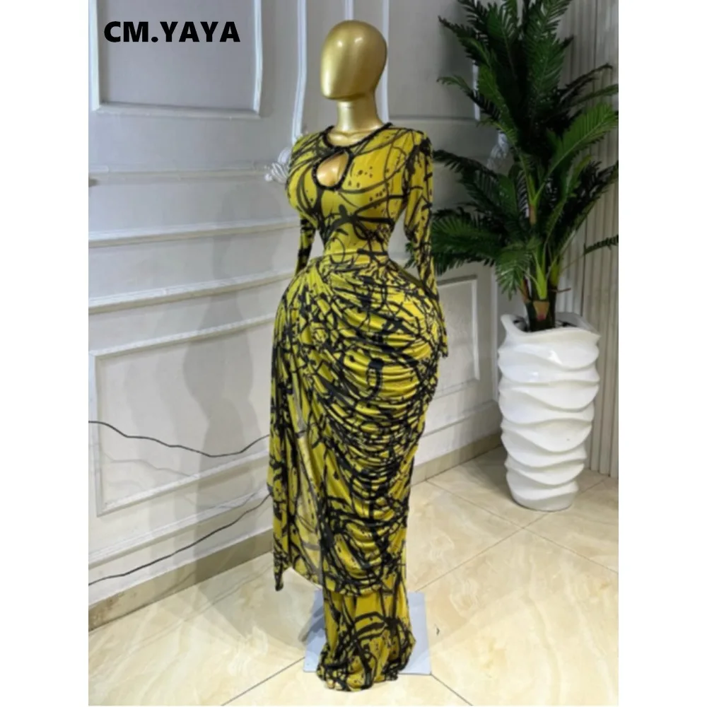 CM.YAYA Women Tie Dye Print Ribbon Ruched Long Sleeve Bodycon Maxi Long Dress 2026 Sexy Birthday Party Vacation Trendy Dresses