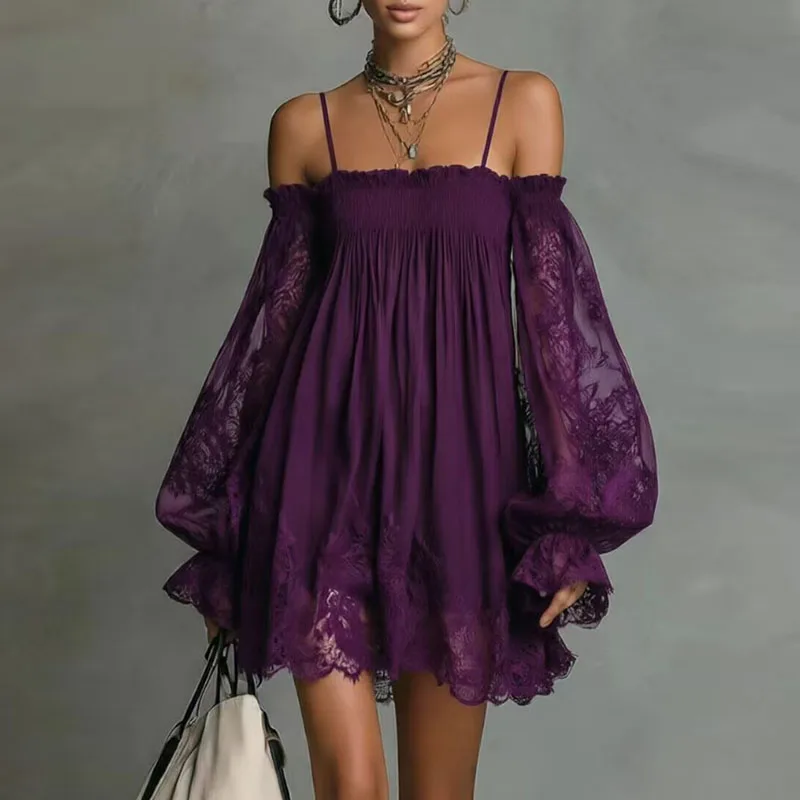 Boho Spring Off Shoulder Hollow Lace Dress Woman Elegant Puff Sleeve Ruffle Party Dresses Summer A-line Casual Holiday Mini Robe