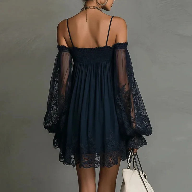 Boho Spring Off Shoulder Hollow Lace Dress Woman Elegant Puff Sleeve Ruffle Party Dresses Summer A-line Casual Holiday Mini Robe