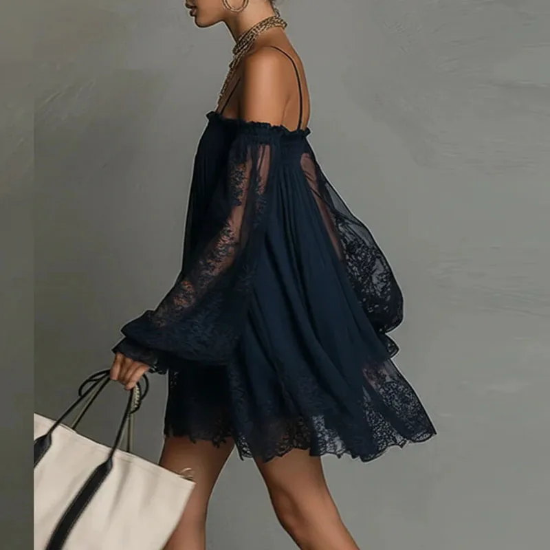 Boho Spring Off Shoulder Hollow Lace Dress Woman Elegant Puff Sleeve Ruffle Party Dresses Summer A-line Casual Holiday Mini Robe