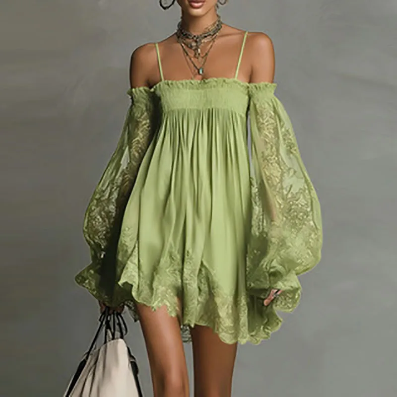 Boho Spring Off Shoulder Hollow Lace Dress Woman Elegant Puff Sleeve Ruffle Party Dresses Summer A-line Casual Holiday Mini Robe