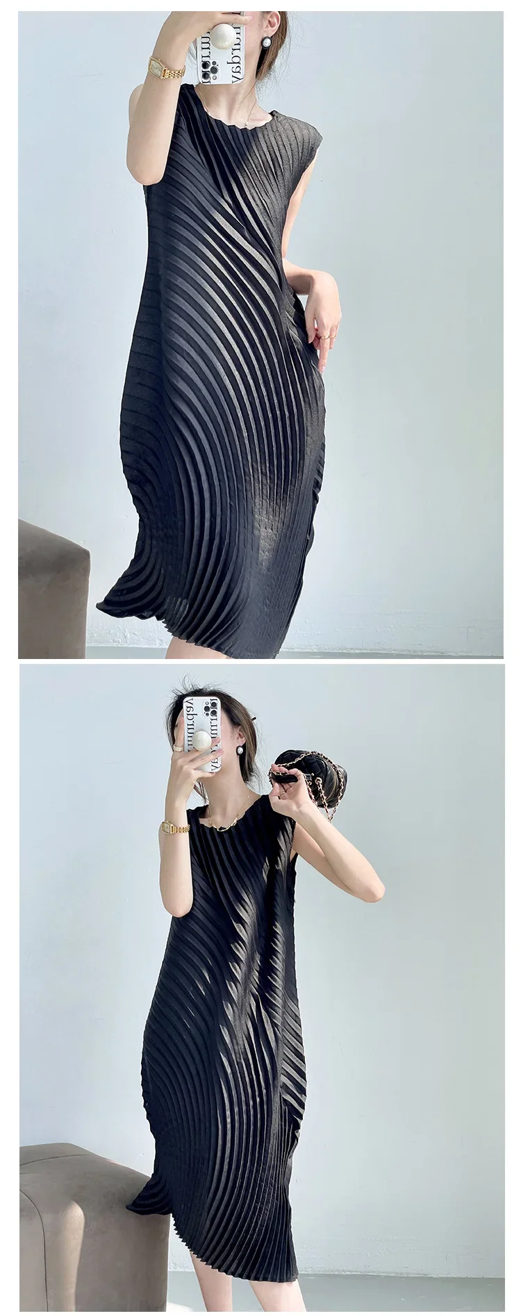Miyake Hand Circle Pleated Sleeveless Dress Designer Long Round Neck Elegant Loose Summer Korean Style Aesthetic Clothes