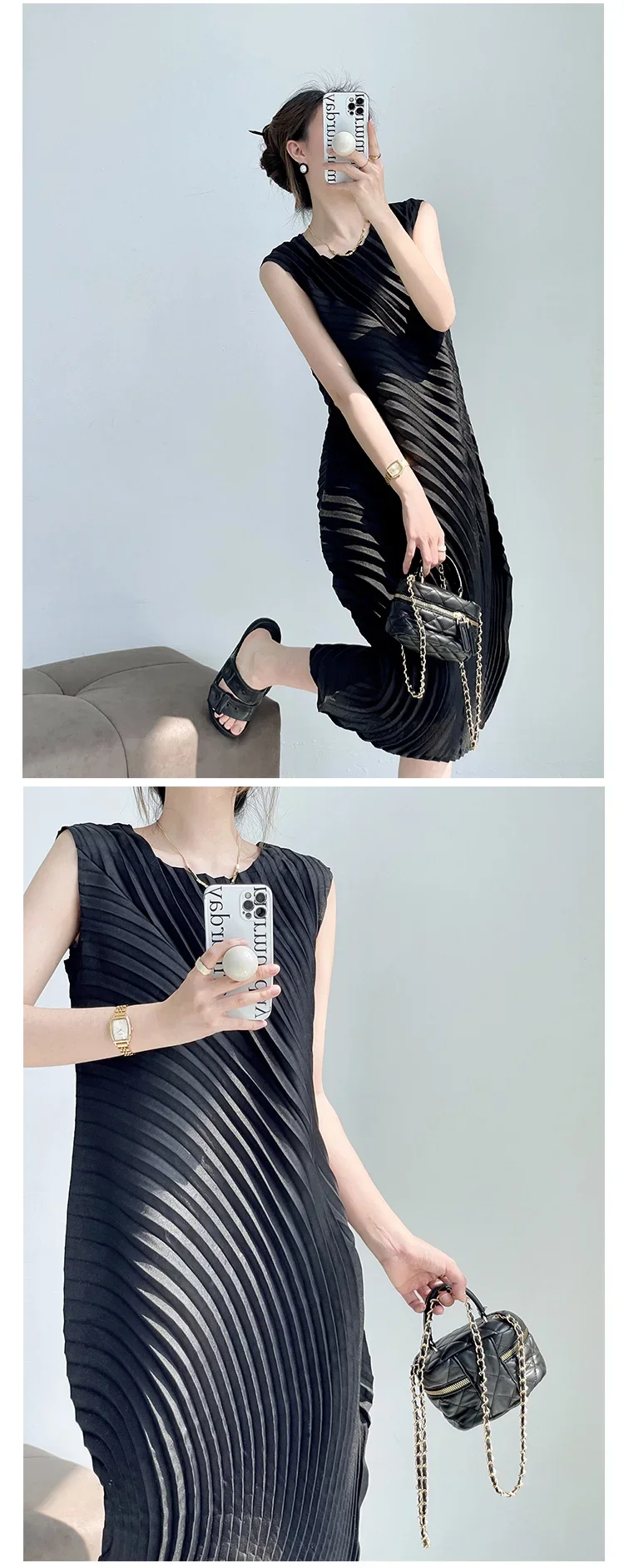 Miyake Hand Circle Pleated Sleeveless Dress Designer Long Round Neck Elegant Loose Summer Korean Style Aesthetic Clothes