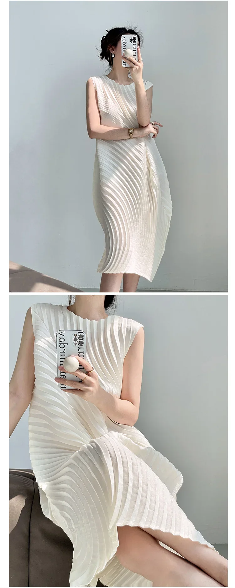 Miyake Hand Circle Pleated Sleeveless Dress Designer Long Round Neck Elegant Loose Summer Korean Style Aesthetic Clothes