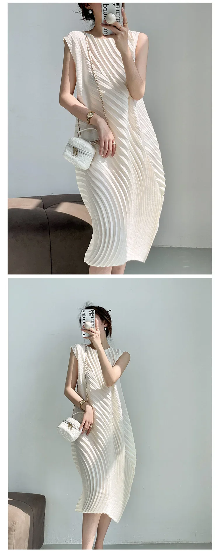 Miyake Hand Circle Pleated Sleeveless Dress Designer Long Round Neck Elegant Loose Summer Korean Style Aesthetic Clothes