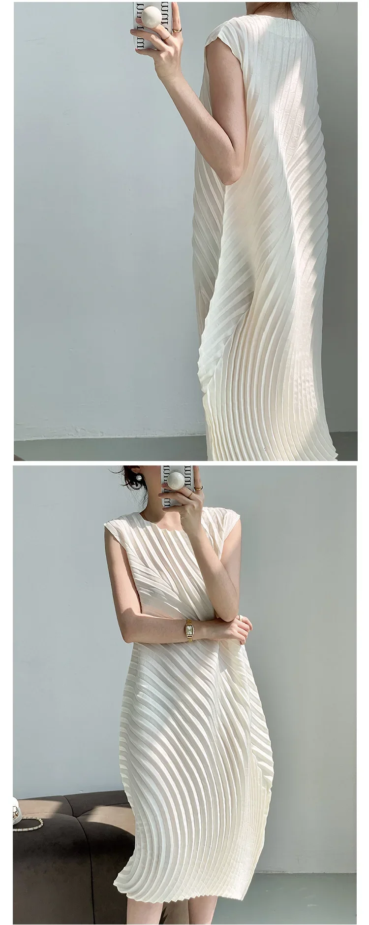 Miyake Hand Circle Pleated Sleeveless Dress Designer Long Round Neck Elegant Loose Summer Korean Style Aesthetic Clothes