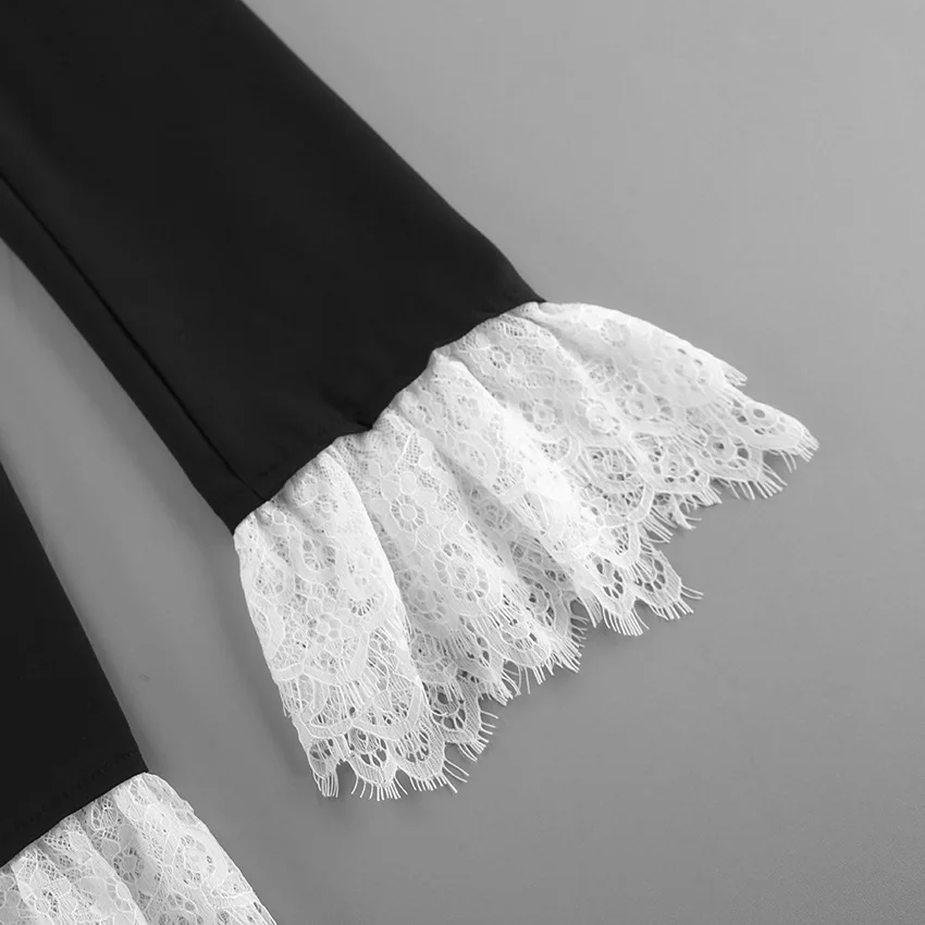 BKLD 2026 Autumn New Sexy V-Neck Lace Patchwork Black Dress Elegant Temperament Long Sleeve Blazer Short Dresses Women Clothing